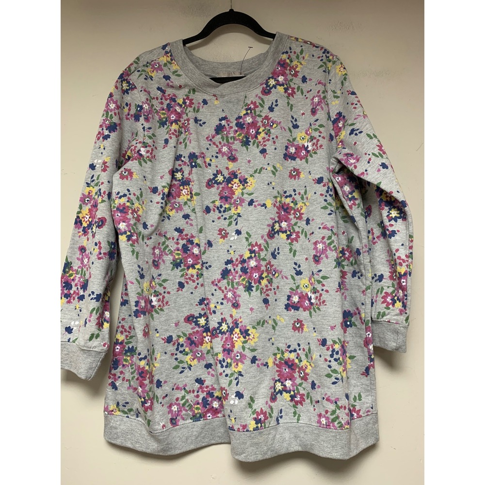 Woman Within‎ Sweatshirt Women L 18/20 Gray Excellent Floral Longline Fleece
